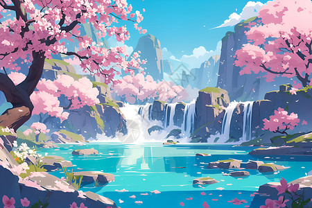 桃花林中的瀑布背景图片