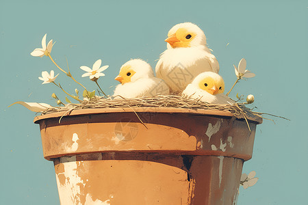 小鸟和野花花盆中筑巢的小鸟插画