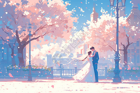 结婚梦幻素材浪漫樱花树下的夫妻背景
