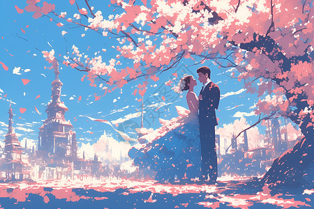 浪漫樱花树下的新婚夫妻背景图片