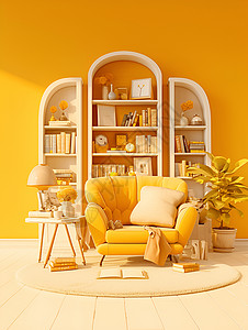 暖家居暖黄色的客厅插画