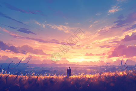 渲染云彩夕阳下的一对情侣插画
