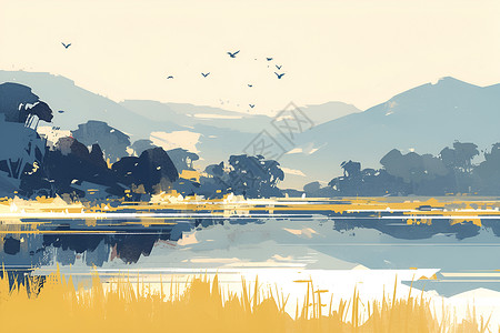 大自然景观湖泊与飞鸟插画