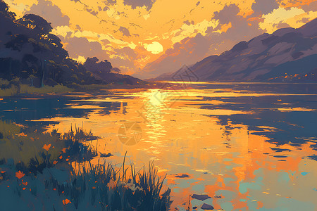 山脉夕阳阳光照耀下的美丽画卷插画