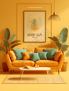 黄色的客厅和绿植背景图片