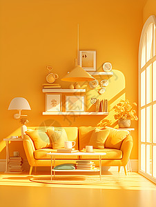 黄色鸡蛋花温馨明亮的黄色客厅插画