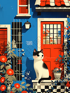 红沙发红门前的白猫插画