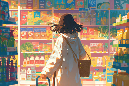 复古杂货店女孩在超市购物插画