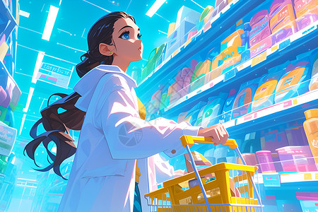商品超市女孩在选购商品插画