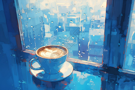 刻度杯子雨天温暖咖啡插画