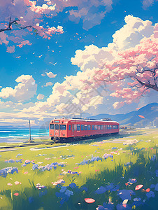 樱花树下经过的火车背景图片