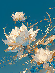 漂浮复古金色花荷塘月色中漂浮着的莲花插画