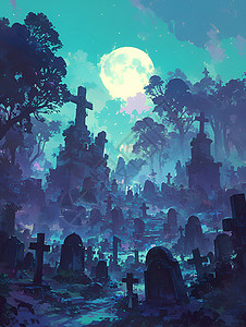 寒夜幽静的墓地插画