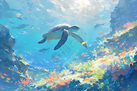 海底游泳的海龟插画