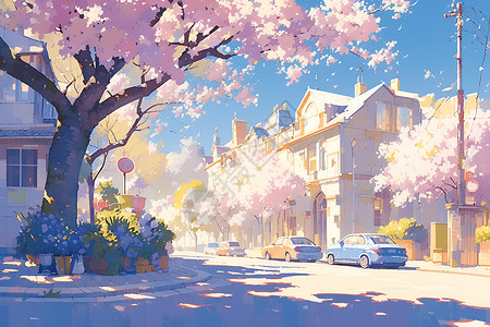 开花的春天街道上绽放的树林插画