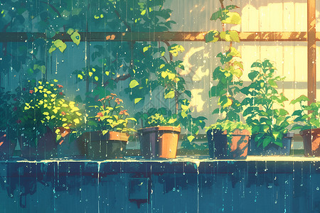 植物水滴素材雨中的屋顶阳台插画