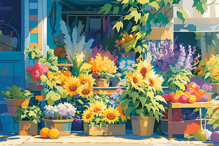 花与果蔬的街头摊位高清图片