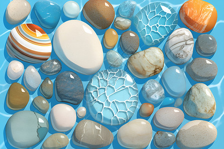 鹅卵石素材清澈溪流中的平滑石头插画