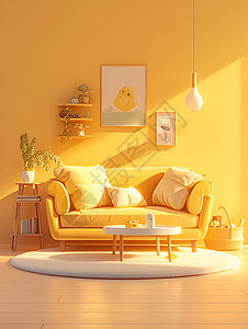 黄色卡通沙发温馨的黄色客厅插画