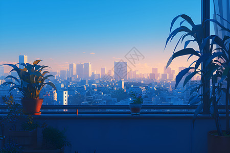 阳台盆栽高楼窗户外的城市美景插画