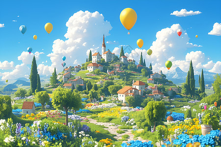 华生园梦幻城堡彩色花海与远方城堡插画