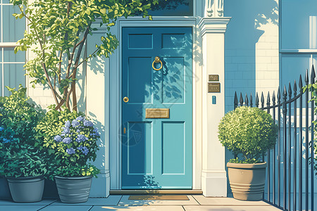蓝色木门午后的阳光洒在蓝色的木门上插画