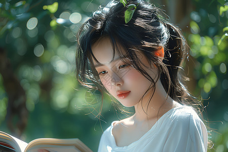 插画白裙女孩森林里看书的女孩背景