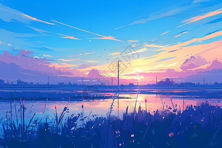 湖畔风景傍晚湖畔的夕阳绘画插画