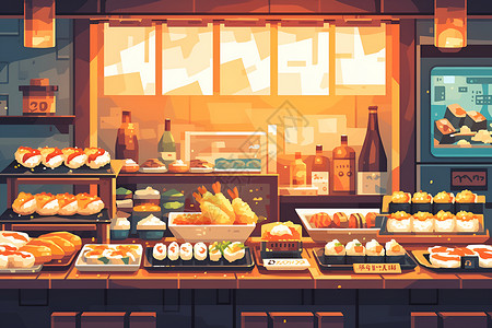日式卡通插画餐厅里的寿司插画