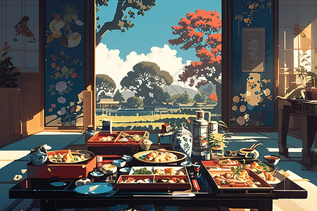 日式挂画餐厅里的日式美食插画