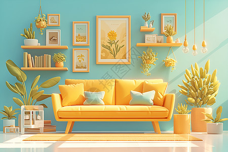 跃层公寓简约黄色沙发插画