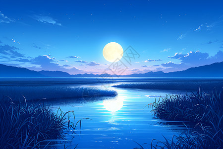 安静河月亮沐浴在宁静的河流上插画