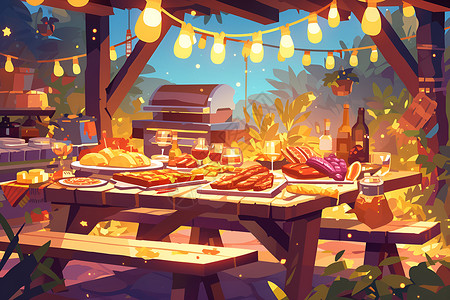 夕阳下的美食烧烤派对背景图片