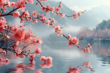 樱花水信玄饼水面上绽放的桃花插画