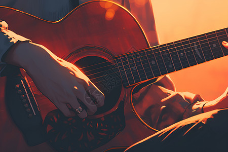 手按吉他弦夜幕下演奏吉他的手插画