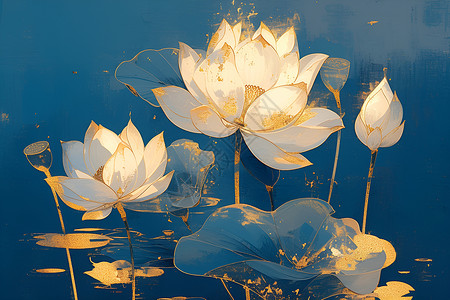 池塘里的淡雅荷花池塘里绽放的白莲花插画