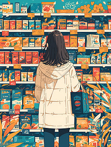 货物堆放超市中的购物女孩插画