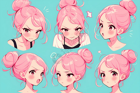 色表情粉色发色女孩的多种表情插画