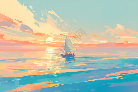 波光粼粼中航行的帆船插画