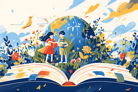 站在书上的孩子两个孩子在书上读书插画