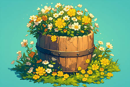木桶酿酒木桶花盆插画
