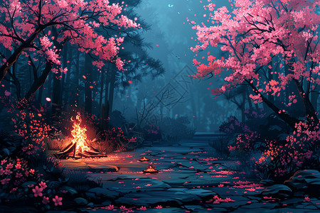 桃花林中燃起的篝火高清图片