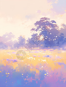 雾气袅袅宁静的草原插画