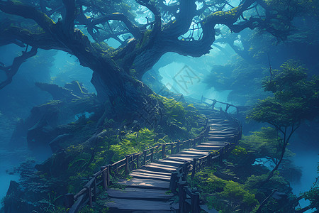 仙境迷雾中的神秘森林路径高清图片