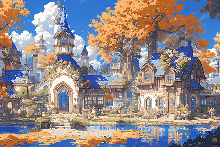 秋叶环绕的村舍背景图片