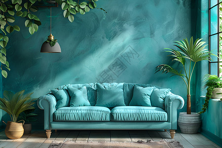 首页家居客厅里的蓝色沙发插画