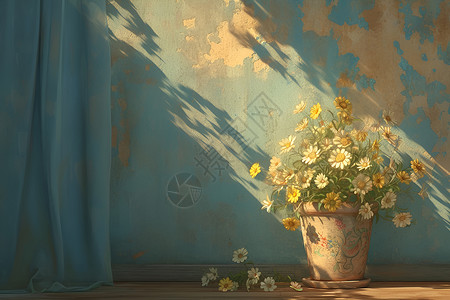 一盆植物阳光下的一盆菊花插画