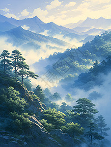 雾霭笼罩的山谷背景图片