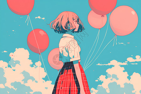 女孩放飞气球红裙少女放飞彩色气球插画