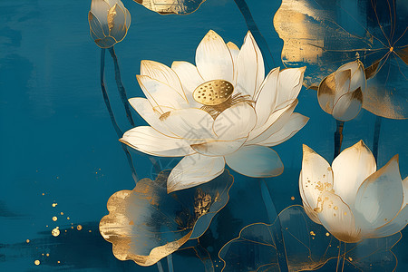 金色点缀的白莲花背景图片